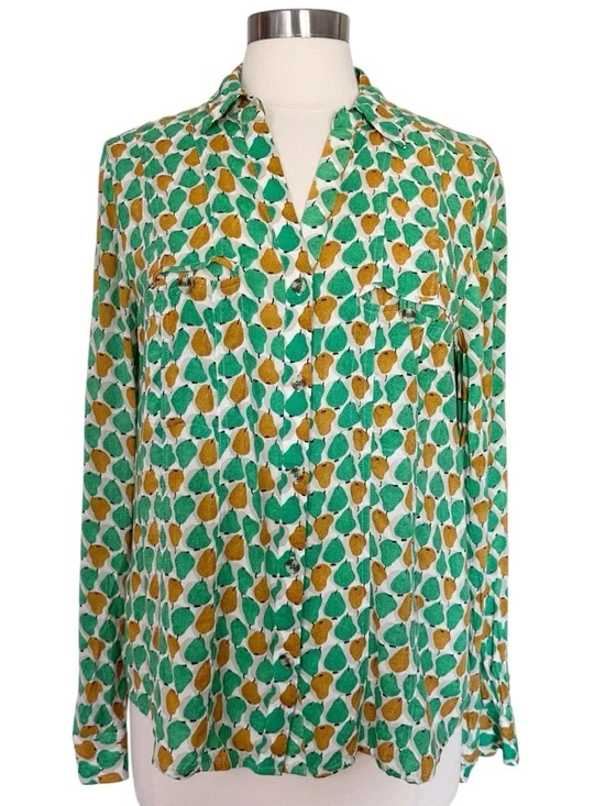 Anthropologie Conversations Pear Print Button Up Shirt Size 10 - Picture 2 of 12